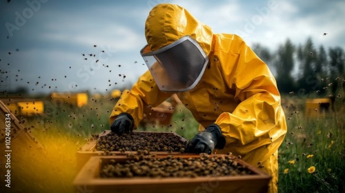 Beekeeper Tending to Hives in Large Apiary