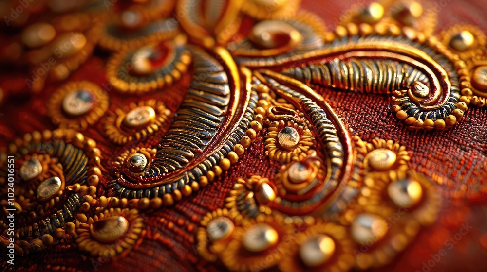 Close-up of intricate embroidery featuring golden threads on a rich fabric, showcasing exquisite craftsmanship and elegant design. Close-up of intricate embroidery featuring golden threads on a rich fabric, showcasing exquisite craftsmanship and elegant design.