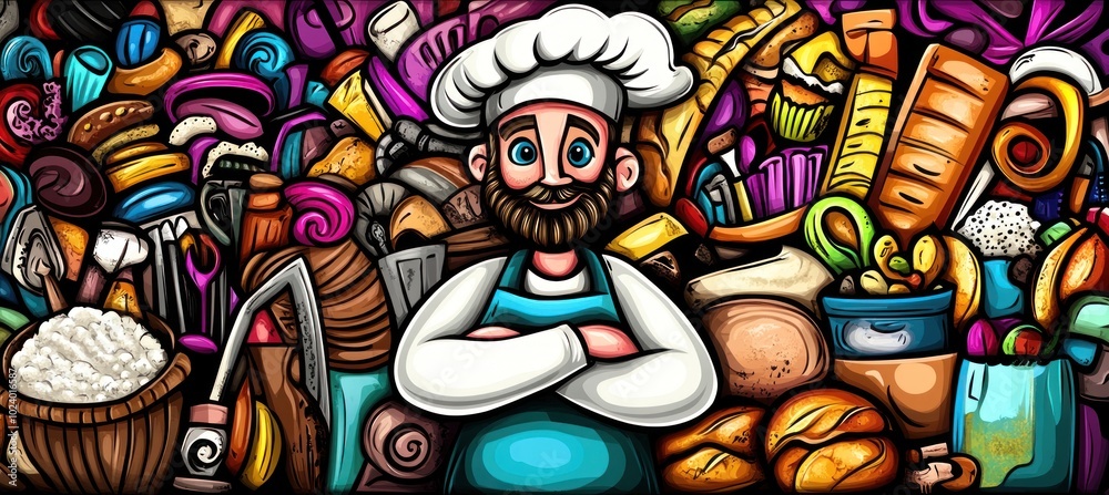 Obraz premium A cheerful baker surrounded by various baked goods and ingredients, showcasing a vibrant kitchen.