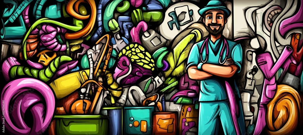 A colorful, abstract scene featuring a smiling professional surrounded by various tools and materials. A colorful, abstract scene featuring a smiling professional surrounded by various tools and materials.