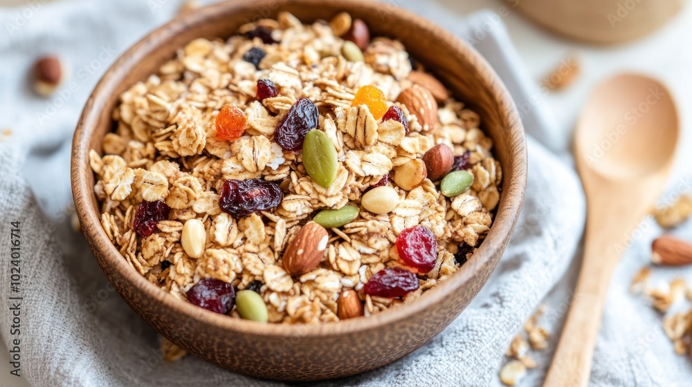 A bowl of granola with nuts and dried fruits on a linen cloth. A bowl of granola with nuts and dried fruits on a linen cloth.