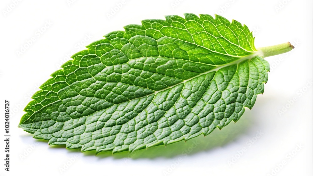High angle view of fresh mint leaves falling on white surface, isolated background High angle view of fresh mint leaves falling on white surface, isolated background