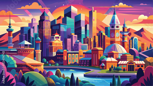 Vibrant Urban Cityscape Vector Art Towering Skyscrapers in a Dynamic City Background Illustration