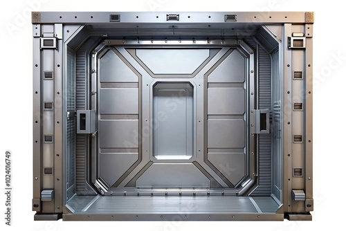 Fototapeta Naklejka Na Ścianę i Meble -  High angle view of futuristic spaceship metal door isolated on white background