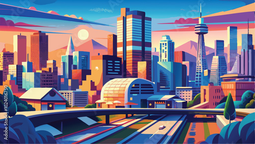Vibrant Urban Cityscape Vector Art Towering Skyscrapers in a Dynamic City Background Illustration