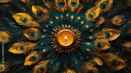 A vibrant display of peacock feathers surrounding a glowing candle, exuding warmth and beauty in a captivating circular design. photo