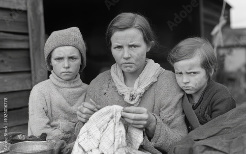 Stark portrayal: black and white depiction of Great Depression's drama, capturing intense hardship, emotional struggles, bleak realities of turbulent era through striking contrasts, powerful imagery. photo