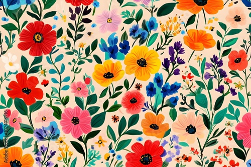 Wallpaper Mural A Vibrant Watercolor Floral Pattern with Red, Orange, Yellow, Pink, and Blue Flowers Torontodigital.ca