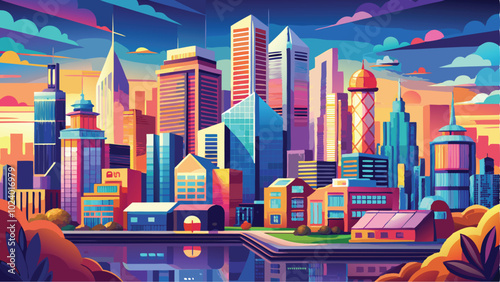 Vibrant Urban Cityscape Vector Art Towering Skyscrapers in a Dynamic City Background Illustration