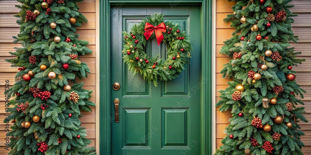 High angle view of green door entrance decorated with Christmas festive decorations including tree branches High angle view of green door entrance decorated with Christmas festive decorations including tree branches