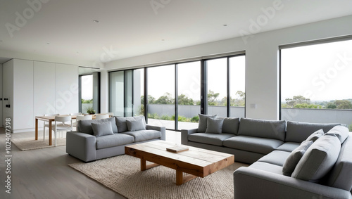 Living room and dining room in a spacious Scandinavian room