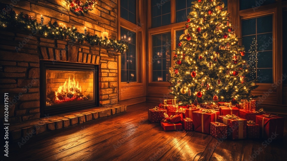 The glow of a Christmas tree and fireplace fills the room, with presents under the tree creating a cozy holiday scene rich with warmth and nostalgia. The glow of a Christmas tree and fireplace fills the room, with presents under the tree creating a cozy holiday scene rich with warmth and nostalgia.
