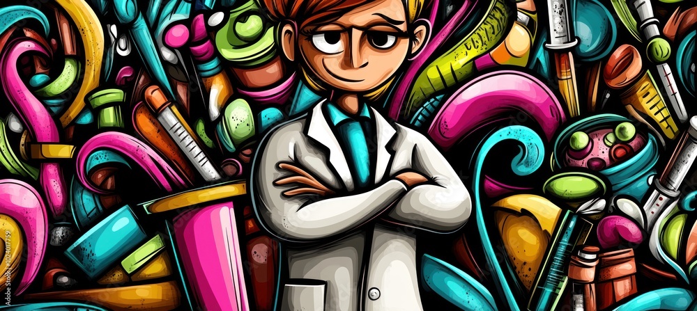 Fototapeta premium A cartoon scientist stands confidently amidst colorful lab equipment and tools.