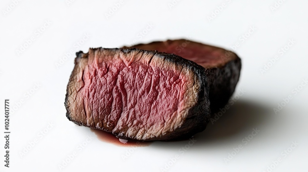 Fototapeta premium Thick-Cut Venison Steak with Distinct Grill Marks: Rich Red Interior and Charred Edges on White Background