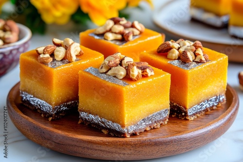 Freshly made barfis in square cuts, layered with edible silver leaf, each piece topped with nuts like cashews and almonds, exuding richness photo