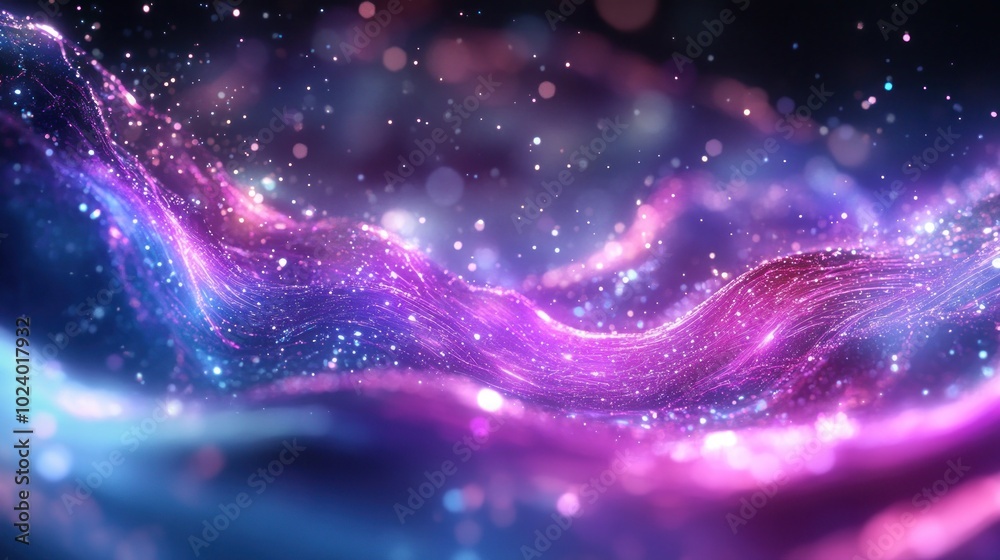 Abstract Glittering Purple and Blue Wave with Bokeh Lights
