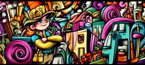 A colorful, whimsical landscape featuring a confident character amidst vibrant buildings and swirls.