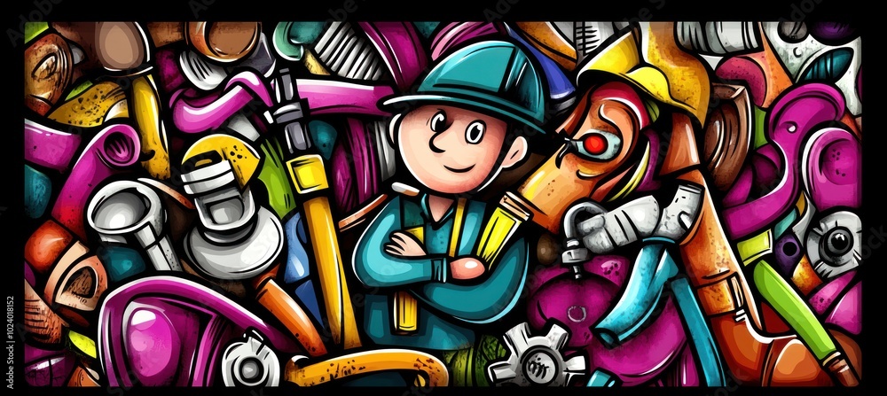 Obraz premium A cheerful worker surrounded by colorful tools and materials, emphasizing creativity and industry.