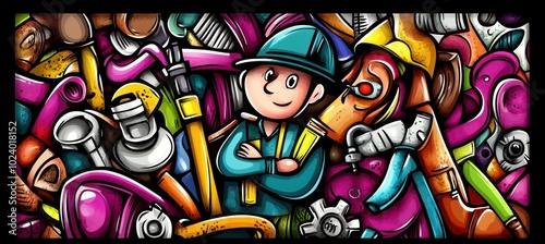 A cheerful worker surrounded by colorful tools and materials, emphasizing creativity and industry.