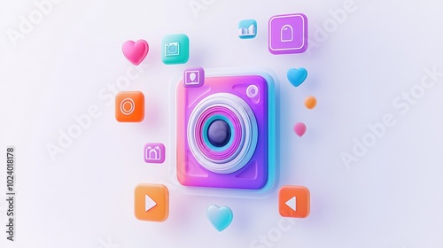 A colorful camera icon surrounded by social media interaction symbols.