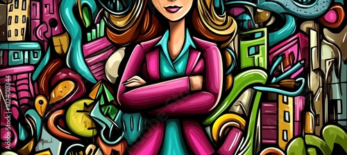 A vibrant illustration of a confident woman surrounded by colorful urban elements.