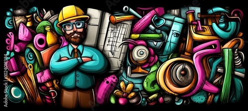 A colorful illustration featuring a bespectacled man amidst various vibrant objects and tools.