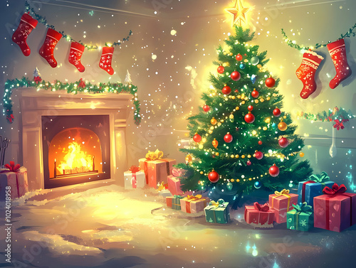 A cozy Christmas scene with a decorated tree, fireplace, and gifts, evoking holiday warmth.