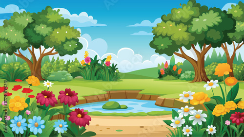 Serene Garden and Flowers Vector Art Blooming Plants in a Beautiful Background Illustration Design