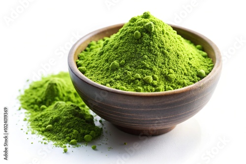 High angle view of matcha green tea powder isolated on white background with selective focus