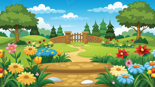 Serene Garden and Flowers Vector Art Blooming Plants in a Beautiful Background Illustration Design