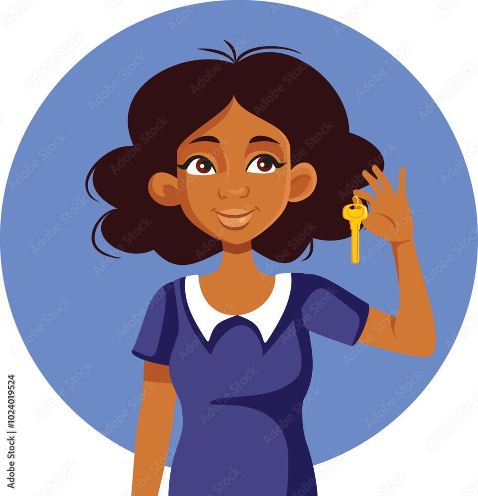 Woman of Black Ethnicity Holding Golden Key Vector Cartoon. Real estate agent showing the key to the new homeowners
Woman of Black Ethnicity Holding Golden Key Vector Cartoon. Real estate agent showing the key to the new homeowners