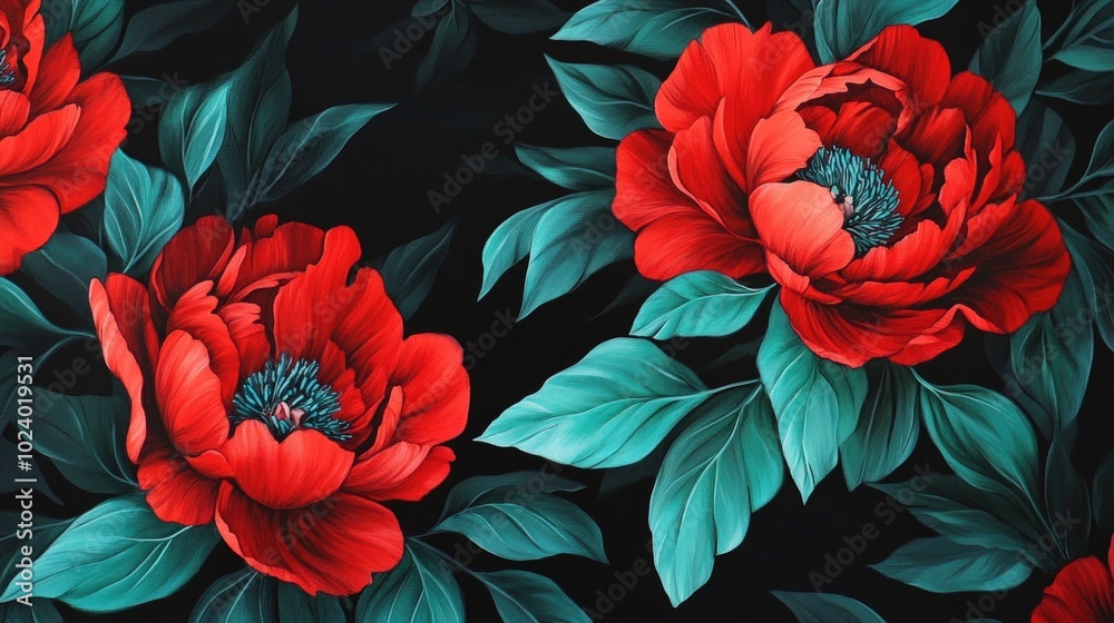 A seamless pattern of red peonies with green leaves on a black background. A seamless pattern of red peonies with green leaves on a black background.