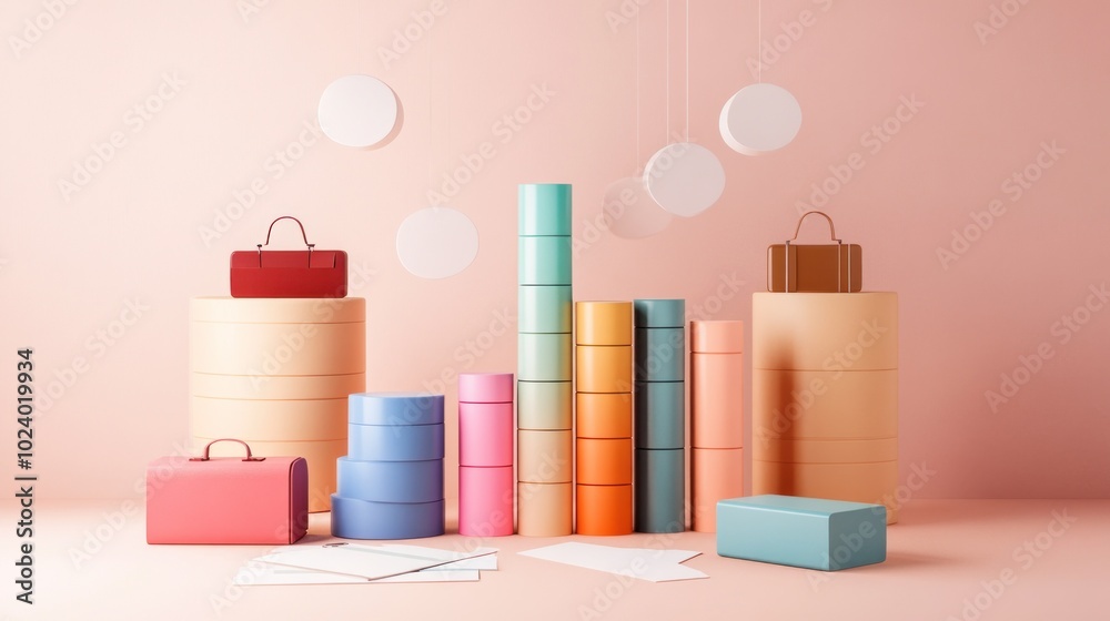 A colorful arrangement of stacked shapes and bags against a pastel background. A colorful arrangement of stacked shapes and bags against a pastel background.