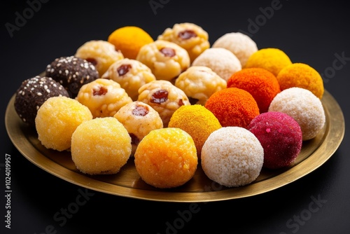 Laddus of various types, from boondi laddus to motichoor laddus, arranged on a brass plate, their colors ranging from deep orange to golden yellow photo