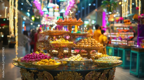 A close-up of a beautifully decorated Diwali display in a mall, showcasing traditional lamps, sweets, and festive products photo