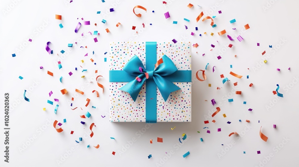 A colorful gift box with a blue ribbon surrounded by festive confetti. A colorful gift box with a blue ribbon surrounded by festive confetti.