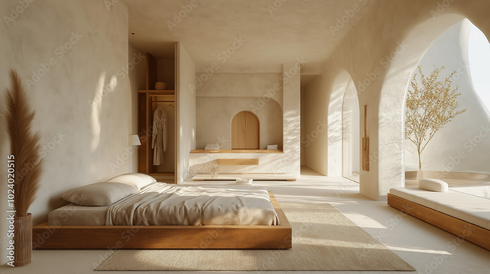 A luxurious bedroom interior with a minimalist approach, using organic fabrics and natural elements A luxurious bedroom interior with a minimalist approach, using organic fabrics and natural elements