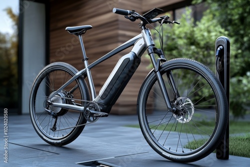 Minimalist electric bike, with a sleek design, standing at a charging dock, emphasizing the simplicity and sustainability of future urban travel