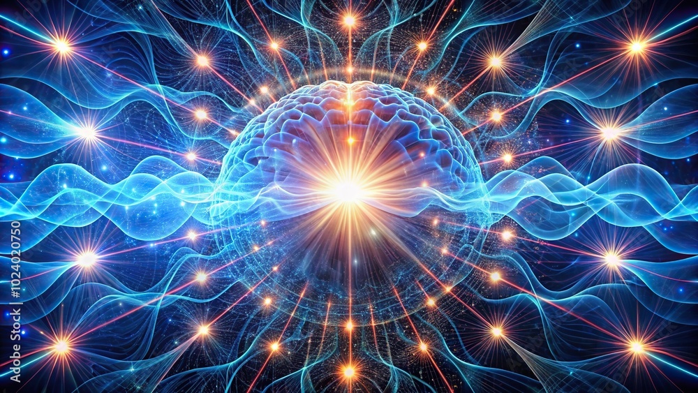 High angle view of patterns of light illuminating brainwaves High angle view of patterns of light illuminating brainwaves