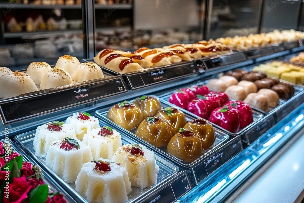 Mithai shop display with rows of neatly arranged sweets in glass cases, from soft rasgullas to creamy kalakand, each dessert glowing under the shop lights Mithai shop display with rows of neatly arranged sweets in glass cases, from soft rasgullas to creamy kalakand, each dessert glowing under the shop lights