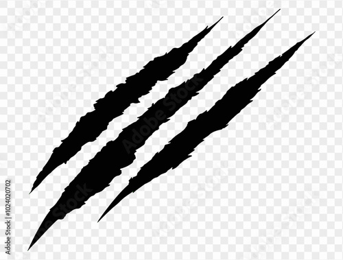 Three black claw scratches isolated on a transparent background. Perfect for Halloween designs, horror themes, and animalistic effects.