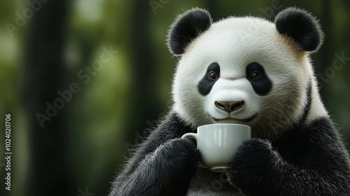 A panda bear holding a coffee cup