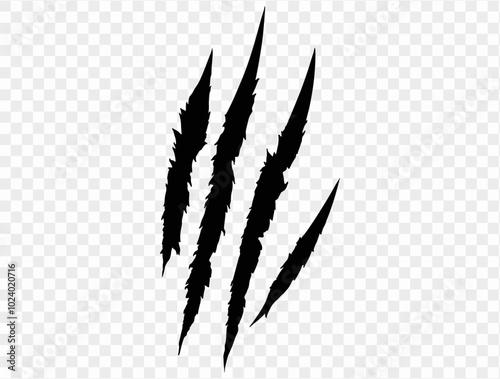 Four black claw scratches isolated on a transparent background. Perfect for Halloween designs, horror themes, and animalistic effects.