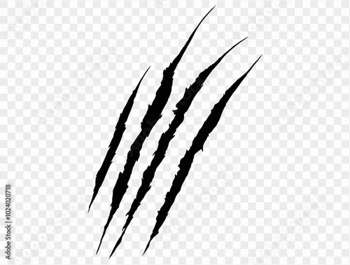 Four black claw scratches isolated on a transparent background. Perfect for Halloween designs, horror themes, and animalistic effects.
