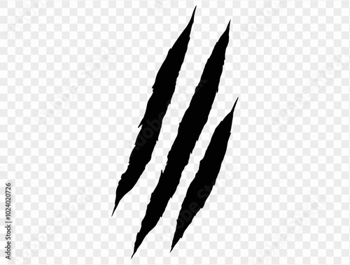 Three black claw scratches isolated on a transparent background. Perfect for Halloween designs, horror themes, and animalistic effects.