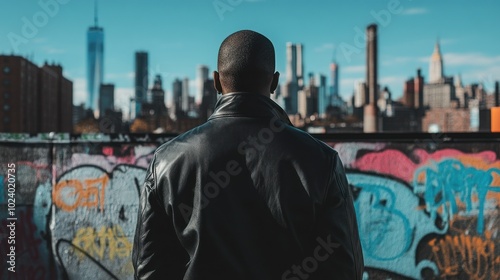 A person gazes at a city skyline, surrounded by vibrant graffiti art.