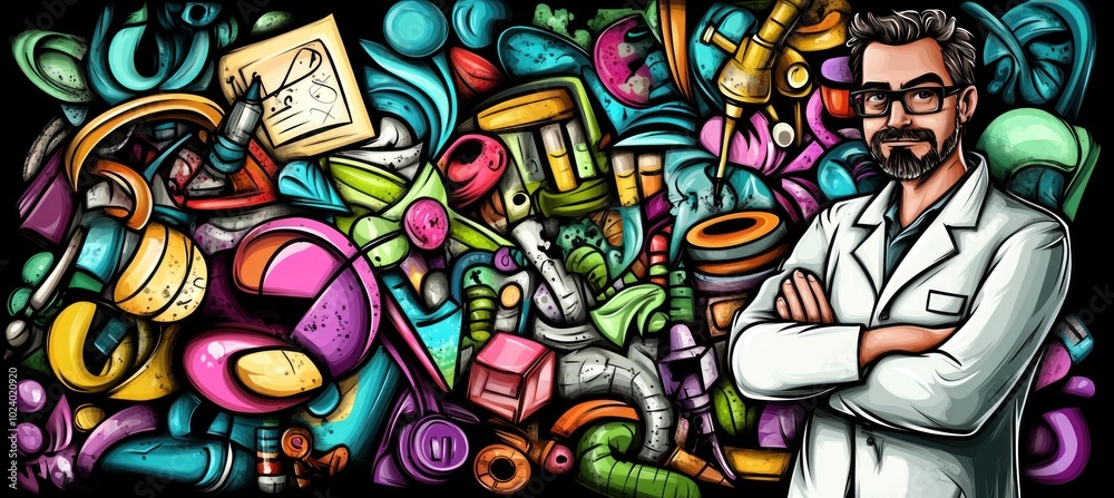 A scientist stands amidst colorful scientific tools and equipment, symbolizing innovation. A scientist stands amidst colorful scientific tools and equipment, symbolizing innovation.