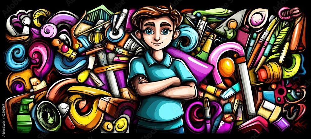 Obraz premium A young boy stands confidently amidst a colorful array of art supplies and creative tools.