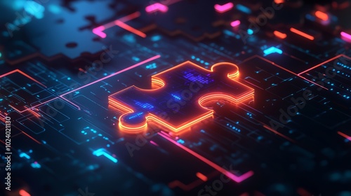 API integration concept with neon puzzle pieces interlocking on a futuristic digital background, emphasizing smooth connectivity and system interoperability