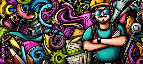 A colorful illustration featuring a confident worker surrounded by various tools and objects.